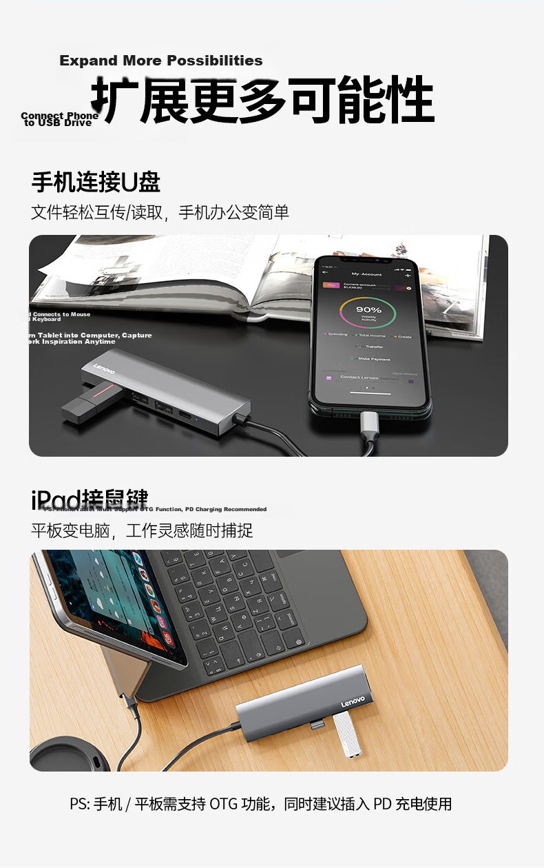 Lenovo Type-C Docking Station to HDMI Cable Hub 4K30Hz Screen Mirroring PD Fast Charging Compatible with Desktop Laptop Expander Hub 10