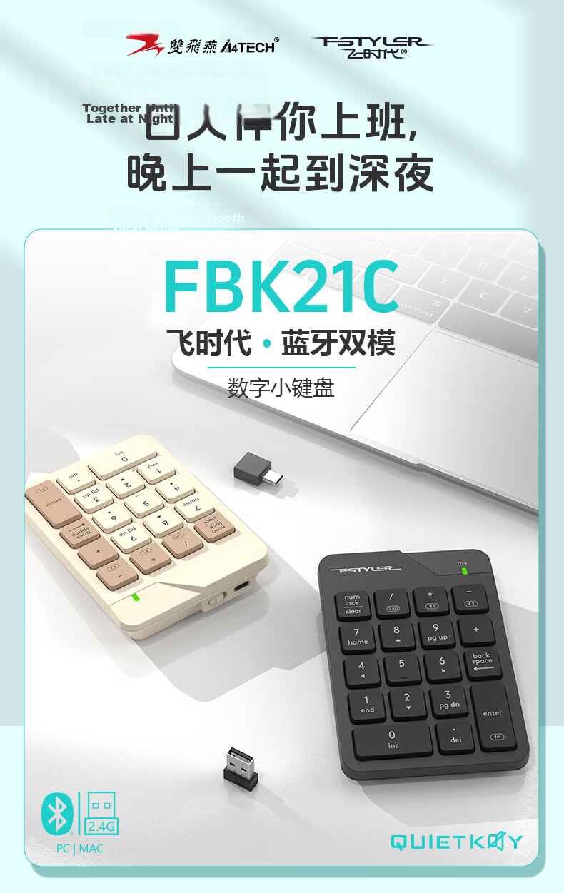 A4TECH FBK21C 18-Key Bluetooth Wireless Numeric Keypad Rechargeable Mini External Numeric Keypad for Laptop, Iron Gray, Bluetooth/Wireless 1