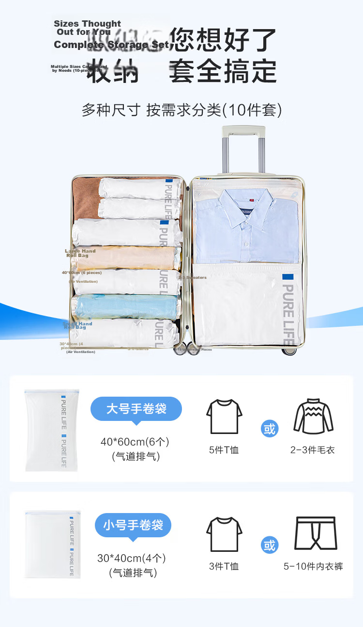 JD Original Small Blue Travel Storage Bags, Vacuum-Free Compressed Bags, Hand-Roll 10-Piece Set, Suitable for Luggage 5