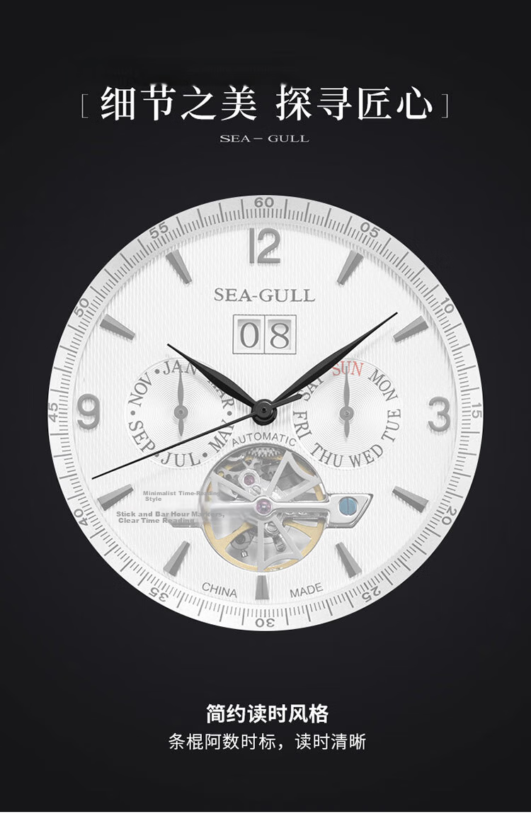 SEAGULL Men's Automatic Mechanical Watch Calendar Week Month Skeleton Tourbillon Men's Watch Birthday Gift 1328 White 13