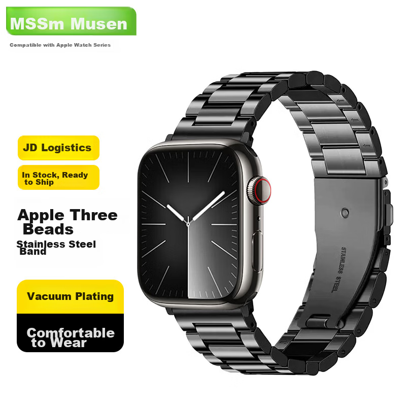 MSSM Compatible Apple Watch Band Metal Stainless Steel iWatch Band S11/Ultra3/S10/9/SE3 Apple Three-Link Stainless Steel Band - Graphite Black 41/40/38MM
