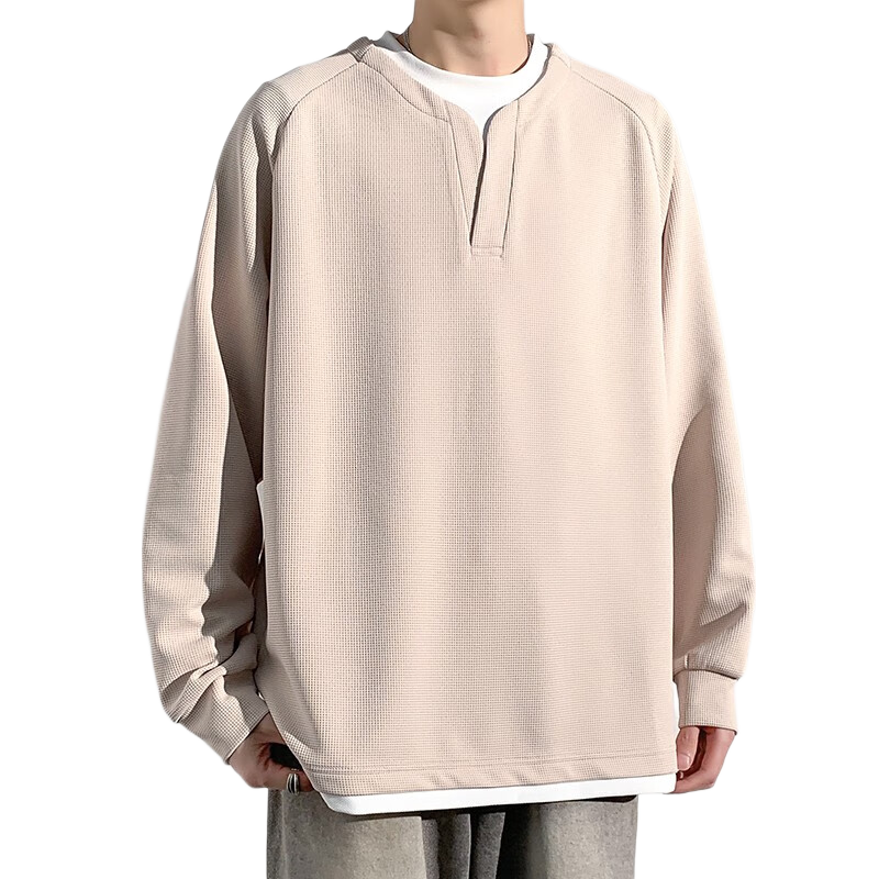 Foss Phil Men's Sweatshirt, Spring And Autumn Korean Style Patchwork Versatile Fake Two-Piece Casual Inner Layer Base Top, 2504 Khaki L