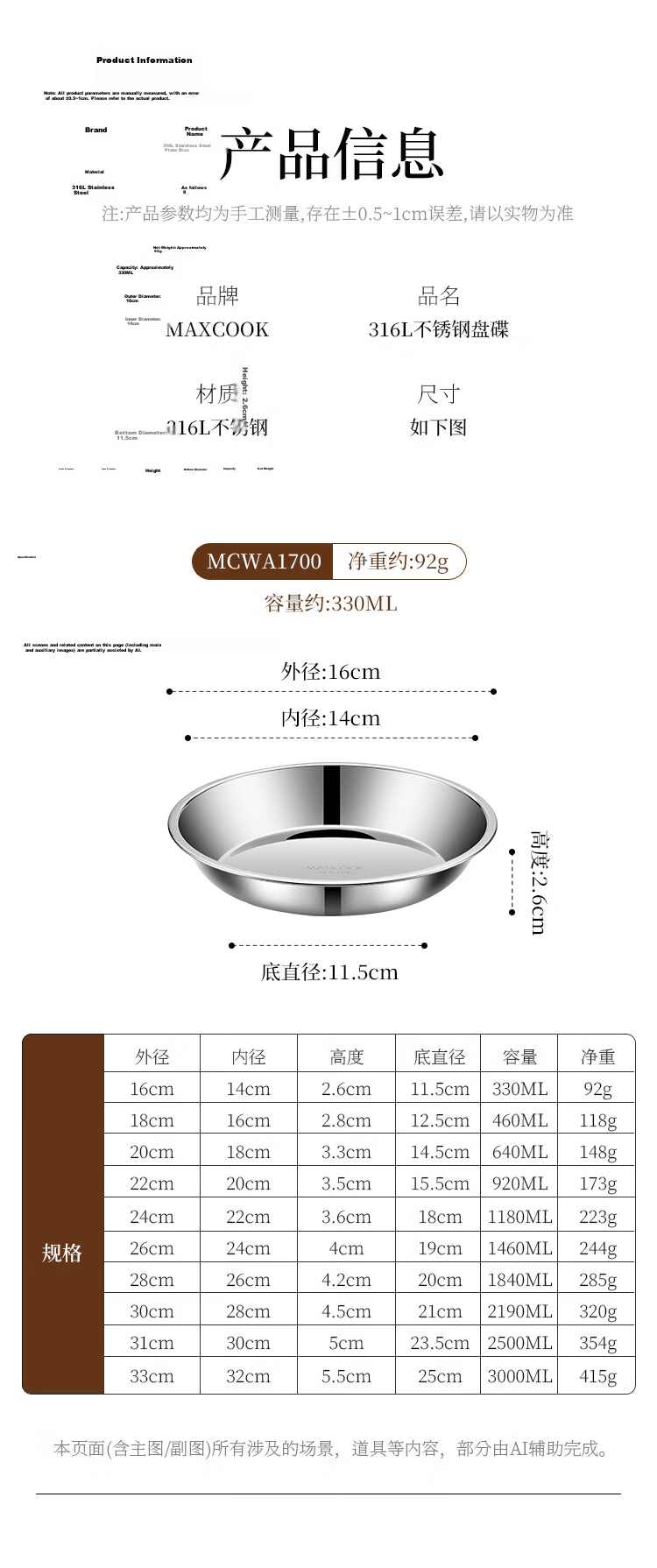 MAXCOOK 316L Stainless Steel Plate Dish, Bowl And Plate 16cm, Thickened, Widened And Deepened, Drop-Resistant MCWA1717 8