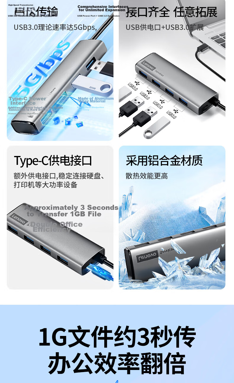 Lenovo Type-C Hub, USB Hub with Multiple Ports, Adapter Dock, USB Extender Cable, Laptop Expansion Dock Converter BY02C-3.0 (Metal) 1