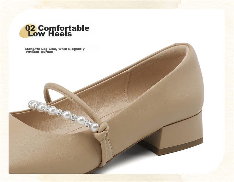 Daphne Women's French Style Leather Mary Jane Low Block Heel Shoes Beige 38 4