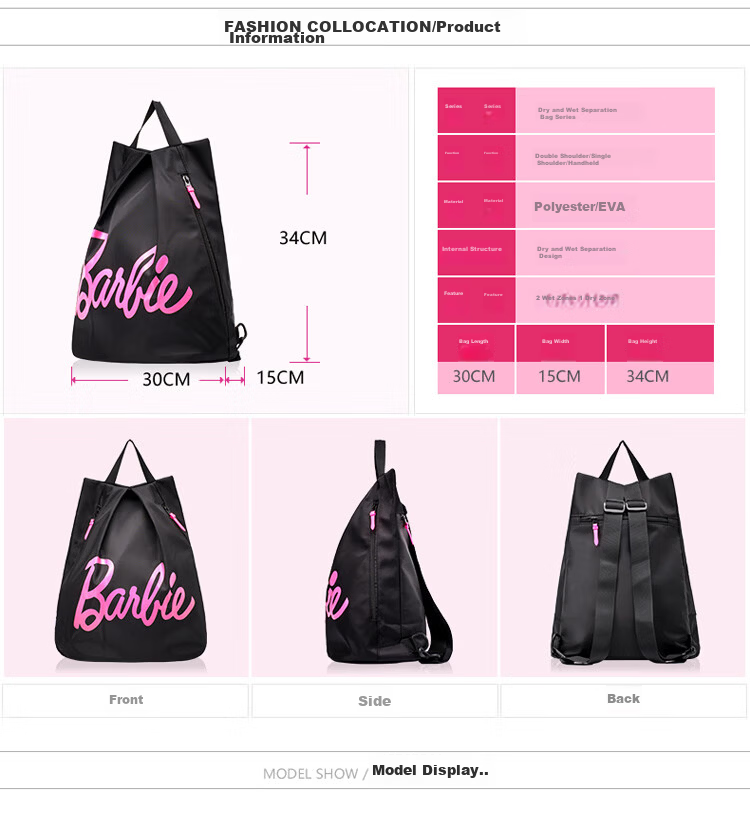 Barbie Swim Bag Wet and Dry Separation Unisex Fitness Sports Beach Bag Waterproof Backpack Black 6