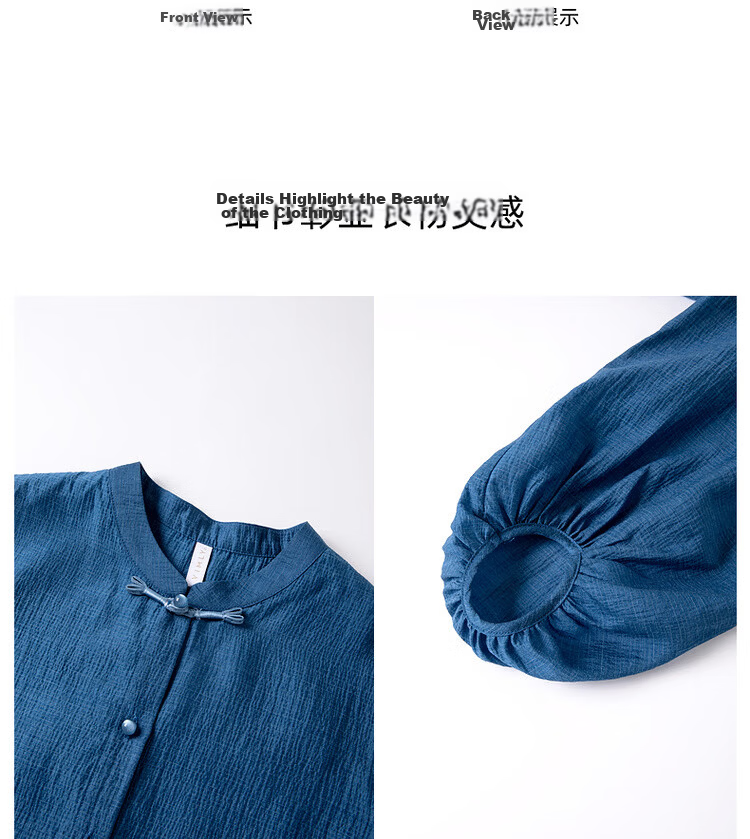 Vimly New Chinese Style National Wind Pleated Round Neck Shirt Women New Flowing Shoulder Jacket Top Peacock Blue XL 5