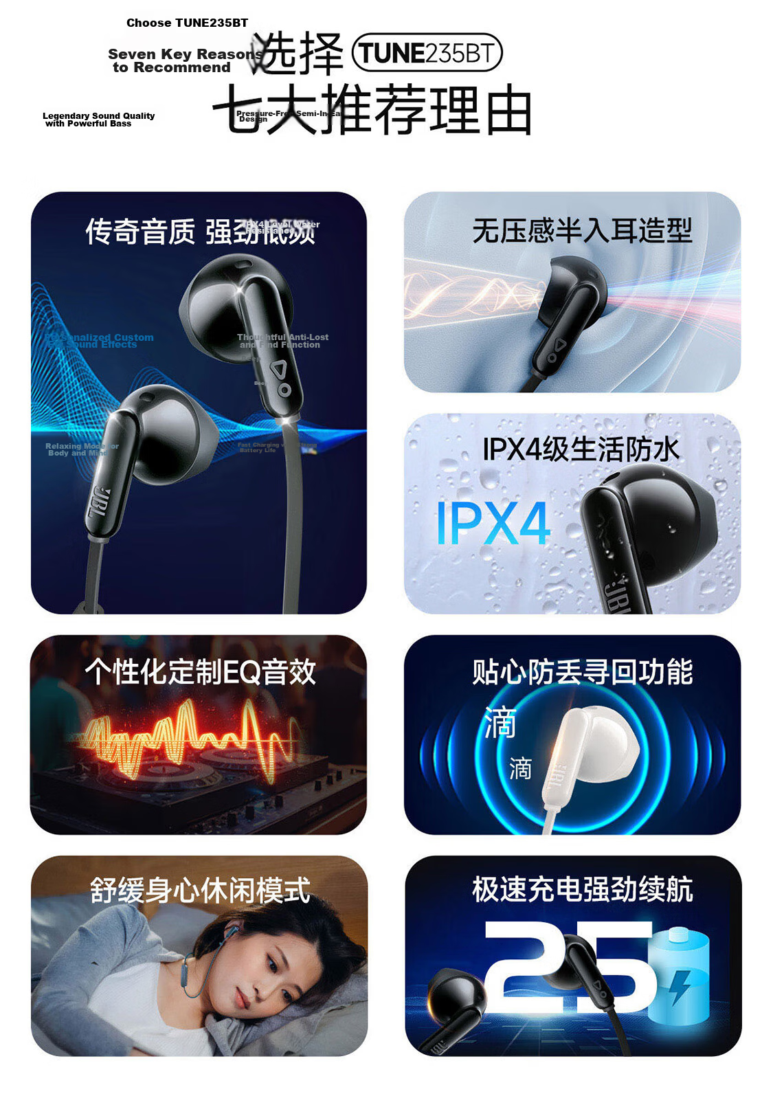 JBL TUNE 235BT Semi In-Ear Bluetooth Headphones, Neckband Style Earphones, Waterproof Design for Hands-Free Calling, Long Battery Life with Fast Charging, Apple-Style Earphones, Gift for Friends, Blue 2