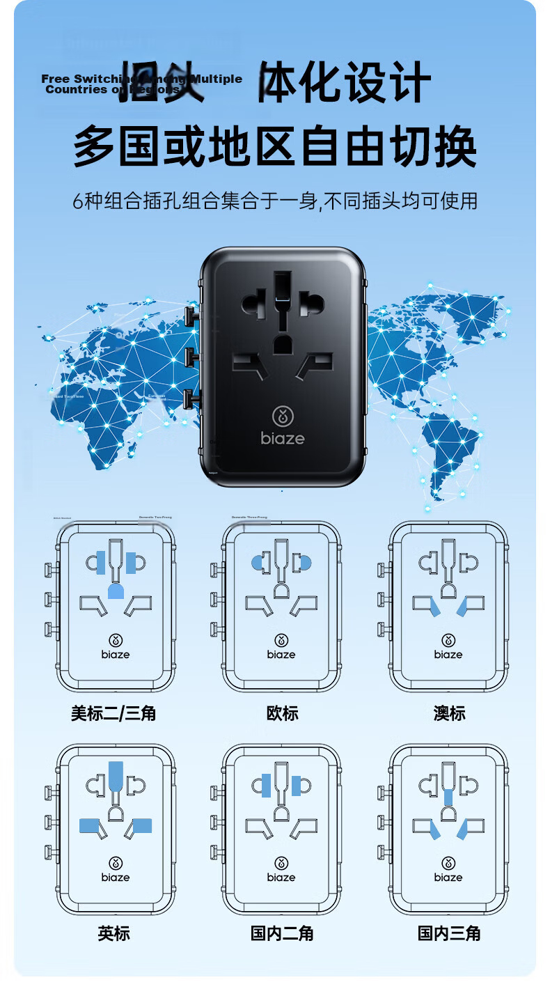 BIAZE PD35W Fast Charging International Travel Adapter Multi-Country Universal Travel Socket Multi-Functional Converter UK EU US AU JP KR SG Compatible 3A2C No Switch 8