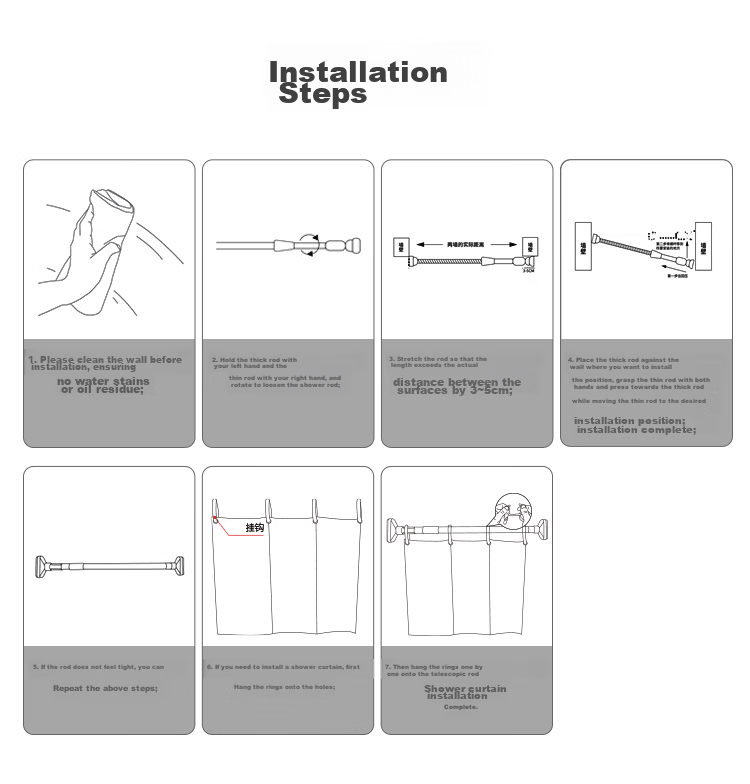JD Original No-Drill Extendable EASY Shower Rod Stainless Steel Curtain Rod for Bathroom, Closet, And Window Drapes 110-200cm 13