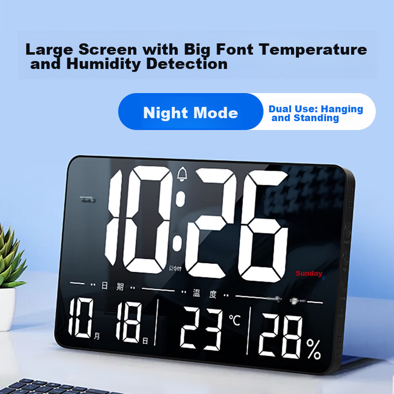 Hense LED Large Screen Electronic Clock Home Wall Hanging Clock Living Room Table Clock Temperature and Humidity Clock HW600 Black Standard