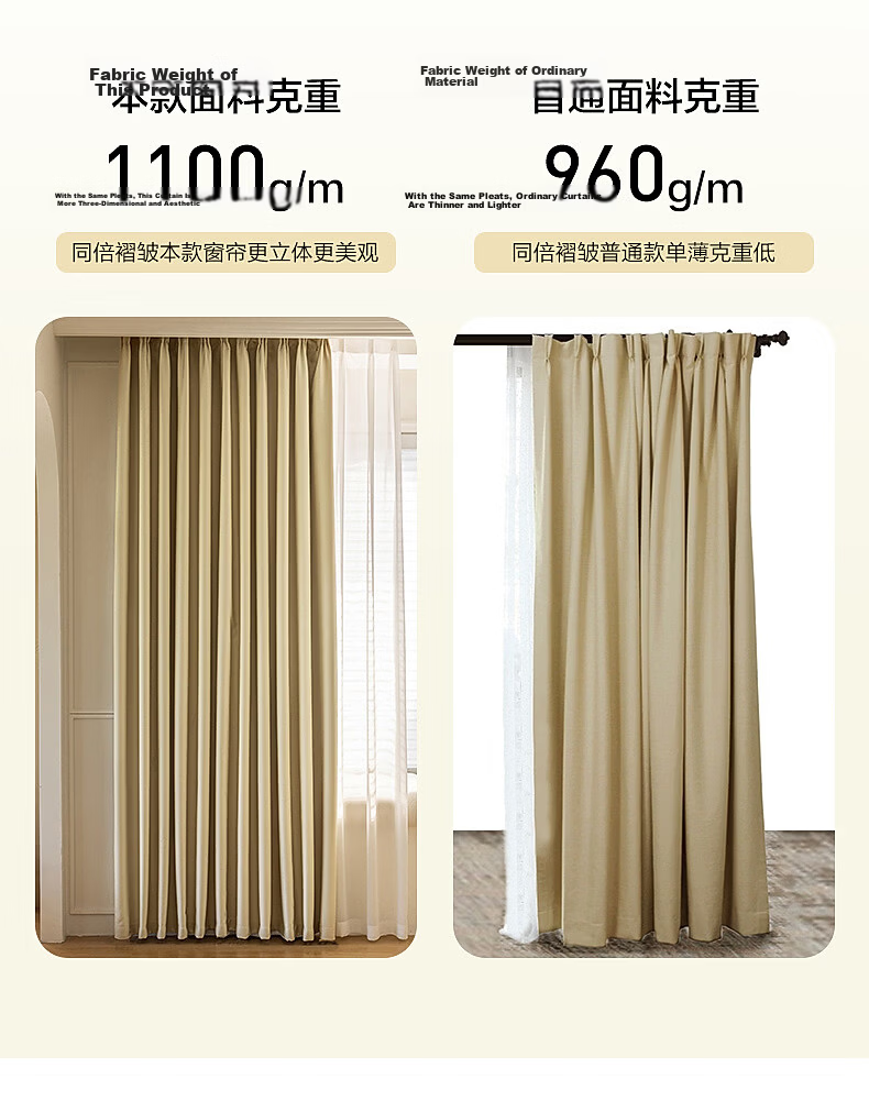 Mercury Home Textiles Blackout Curtains Bedroom Full Blackout Fabric Sunshade Soundproof Bay Window Cream Hook Style 2.2x2.7m 2 Pieces Beige 10