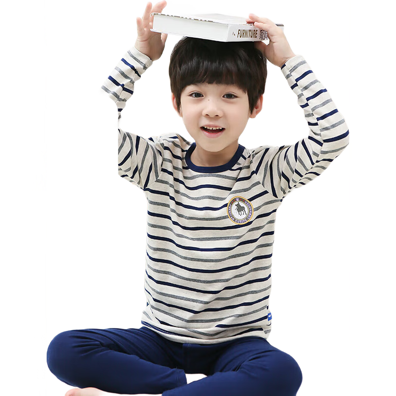 Yingbolun Kids Thermal Underwear Autumn Cotton Sweater Set Large Children School Uniform Essential 85455 Heather Gray Stripes 150