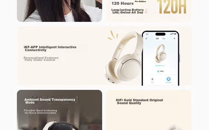 IKF T1 Max Active Noise Cancelling Headphones Bluetooth 2026 New Model Bluetooth 6.0 Wireless Wired HIFI Sound Quality Gaming Low Latency Ultra-Long Battery Life Cloud Rock White 9