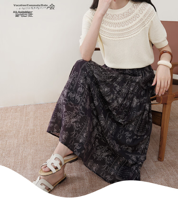 Giordano Designer Women's Vintage Paisley Print Linen Feel Elastic Waist Midi Skirt 18466210 7