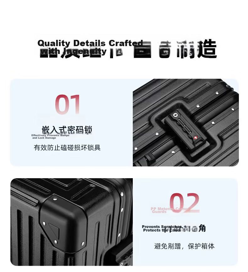 Baishikele Luggage, Aluminum Frame Suitcase for Men And Women, 28-Inch Travel Case, Large Capacity, Universal Wheels, Student Business Password Lock Leather Suitcase 14