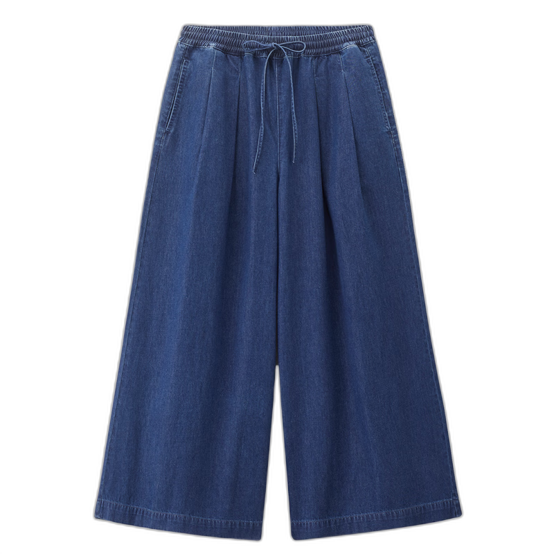 Giordano 2026 Summer Women's Pure Cotton Lightweight Pleated Drawstring Elastic Waist Cropped Wide-Leg Jeans 13416330