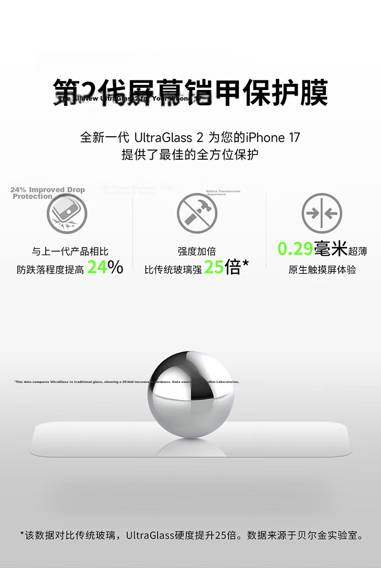BELKIN (BELKIN) Tempered Glass Screen Protector for Apple IPhone 17 Pro, Anti-Drop Film with Asahi Antibacterial Base Material OVA220 5