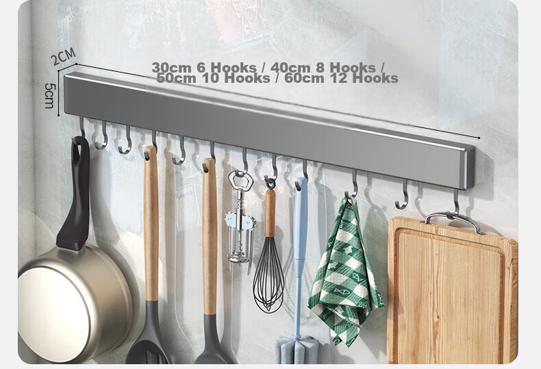Yweel Kitchen Hook Wall-Mounted No-Drill Multi-Functional Storage Rack Gun Gray 60cm 10