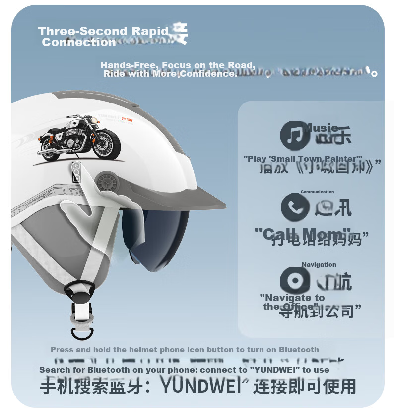 Yundianwei Electric Vehicle Helmet 3C Certified Unisex Four-Season Electric Scooter Safety Helmet Summer Breathable Large Sunroof Motorcycle Half Helmet [Dual Lens Bluetooth Tail Light Version] Glow W 5
