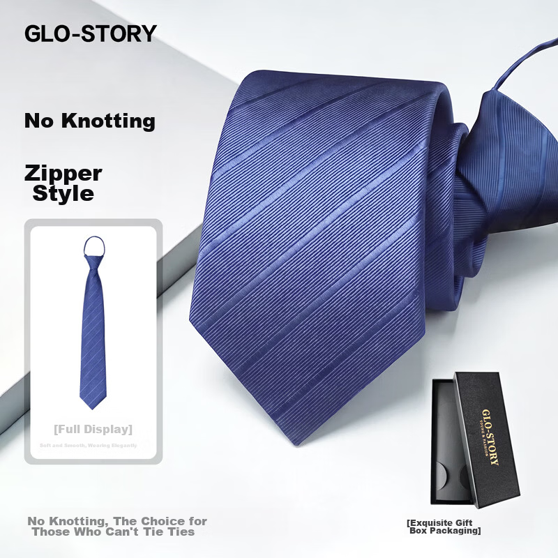 GLO-STORY Men's No-Tie Zipper Striped Necktie Wedding Groom Best Man Business Formal Suit High-End Gift Box Set