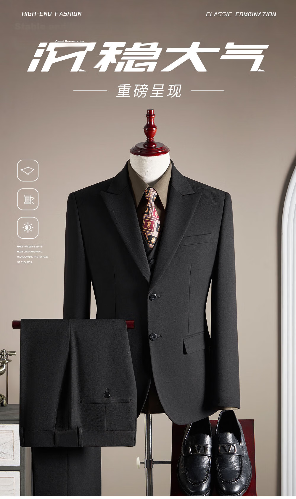 ROMON Men's Formal Suit Set Wool Blazer Vest and Trousers Black 2XL 1