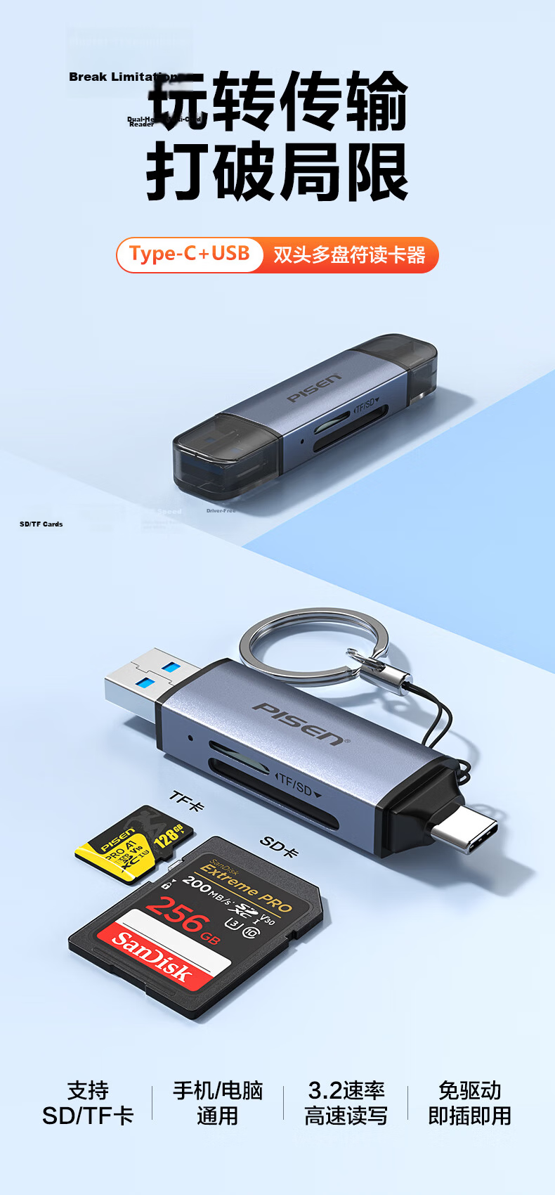Pisen Type-C High-Speed Card Reader SD/TF Multi-In Card Reader Supports Computer, Apple 15/16 Phones, DSLR Cameras, Dash Cams, Surveillance Storage Memory Cards 1