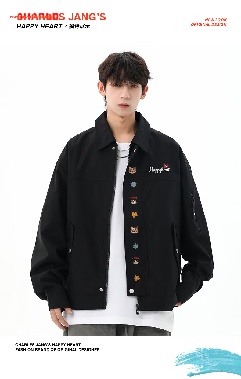 Charles Heart American Street Tie-Dye Lapel Jacket Men Spring Autumn Loose Fit Couple Dark Gray XL 11