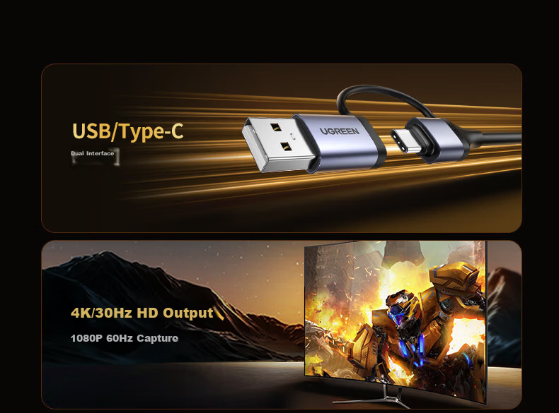 UGREEN HDMI Video Capture Card 4K HD Input for Switch/NS/PS5 Laptop Mobile Tablet Camera Game Streaming Recorder USB/Type-C Adapter 5