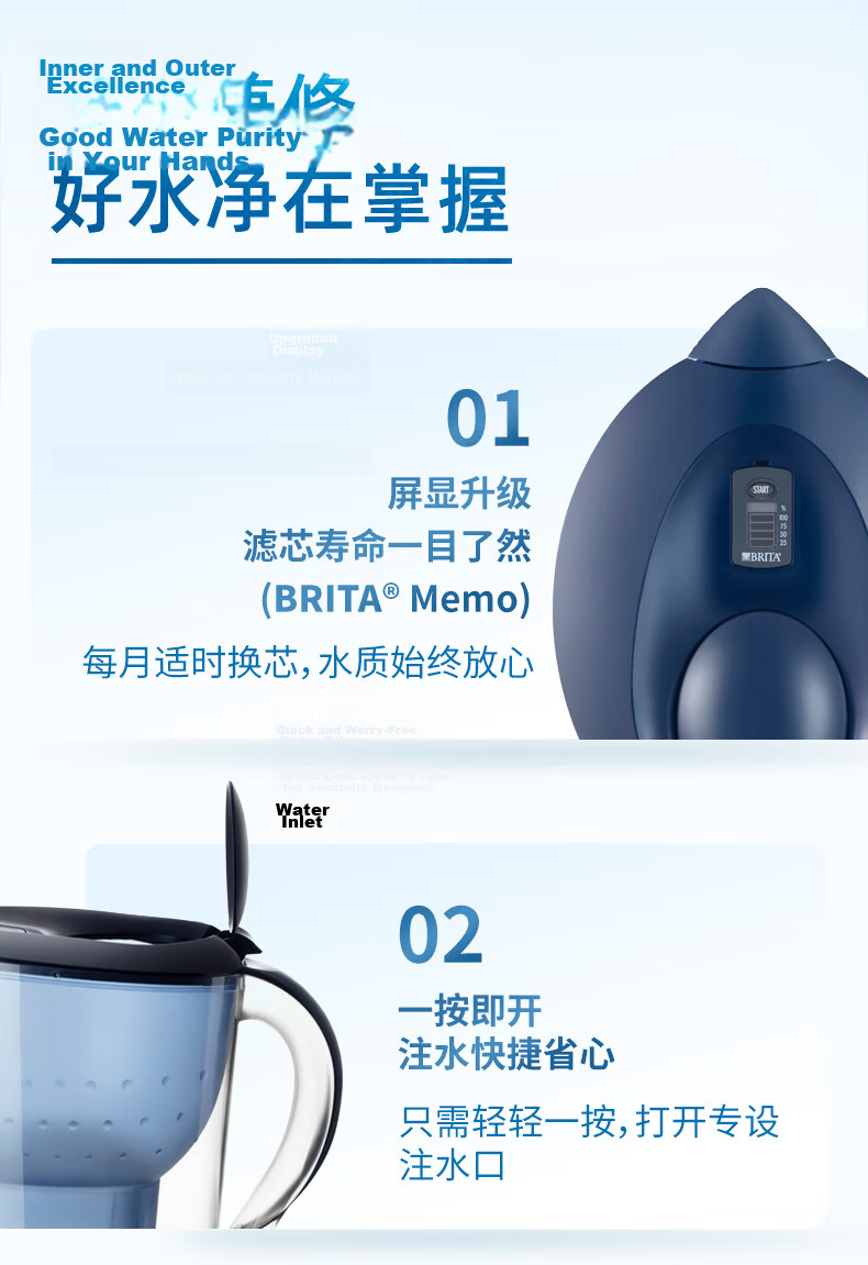 Birande (BRITA) Water Filter Pitcher, Household Water Filtration Pitcher, Ocean Series, 3.5L Blue, One Pitcher with Three Cartridges, Eco-Friendly Reinforced Packaging 4
