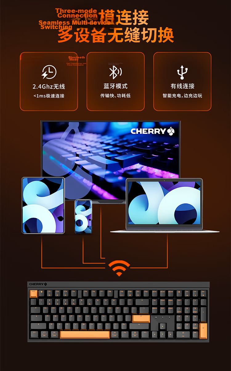 CHERRY MX2.0 PRO Mechanical Keyboard 108-Key Wireless Bluetooth Tri-Mode Gaming Keyboard for PC Office Valorant Delta Sky Blue Switch 5