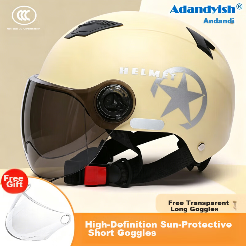Adandyish 3C Certified Electric Motorcycle Helmet New National Standard A Motorcycle Helmet Unisex Summer Sun Protection Safety Cap Four Seasons Universal Lightweight Half Helmet 805 Khaki Lens Random