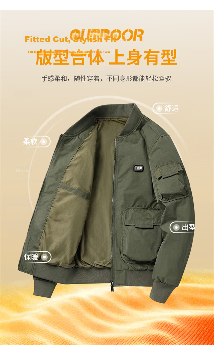 JEEP SPIRIT Men's Spring American-Style Baseball Collar Jacket, Army Green, Size L 3