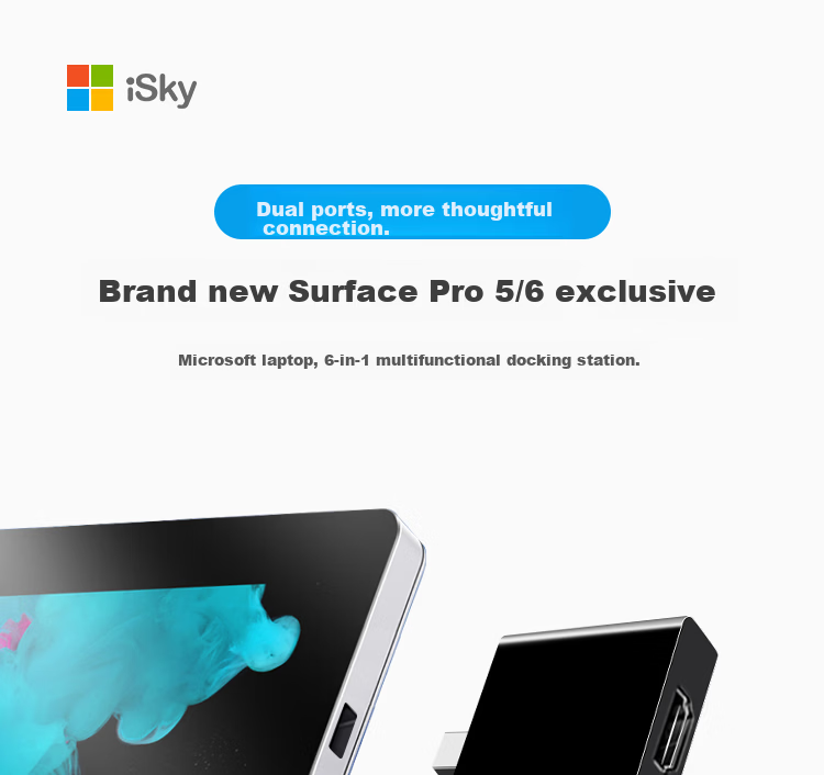 Isky Microsoft Surface Pro 5/6 Docking Station USB Adapter HDMI Hub Video HD Laptop Splitter 4
