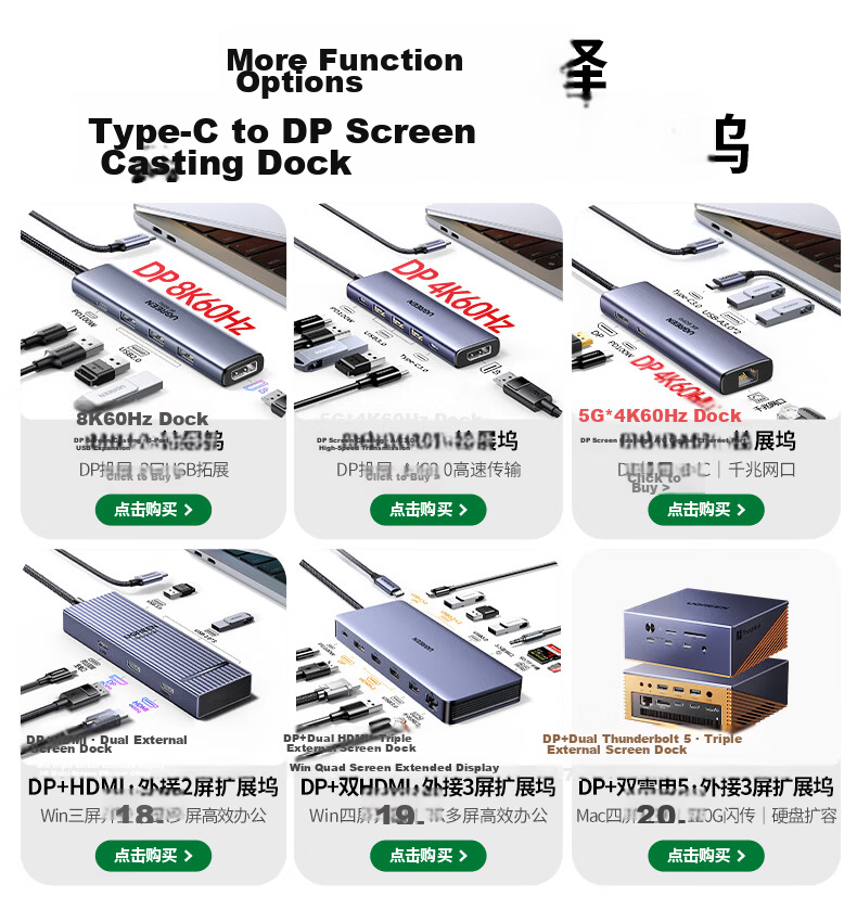 Ugreen Type-C to DP1.4 Cable USB-C Adapter for Thunderbolt 4/5 8K60/2K540Hz Apple MacBook External Monitor Connection Cable 1.5m 1