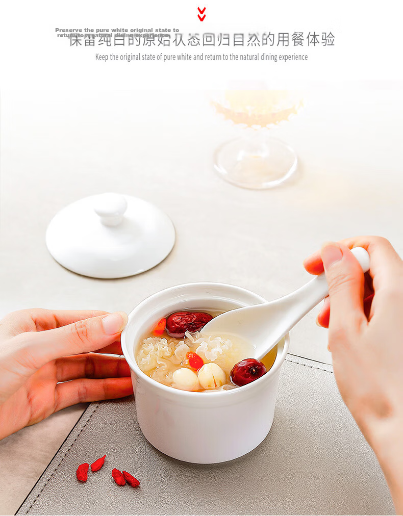 Sky Top Ceramic Bowl with Lid Stew Pot Bone China Double Boiler Soup Bowl Steamed Egg Custard Bird's Nest Bowl Household Single Serving Pure White 250ml 5