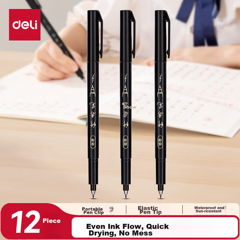 Deli Black Ultra-Fine Soft Brush Pen for Students and Adults Calligraphy Practice Art Signature Liner Marker Pen Black Marker Pen Set of 12 School Stationery