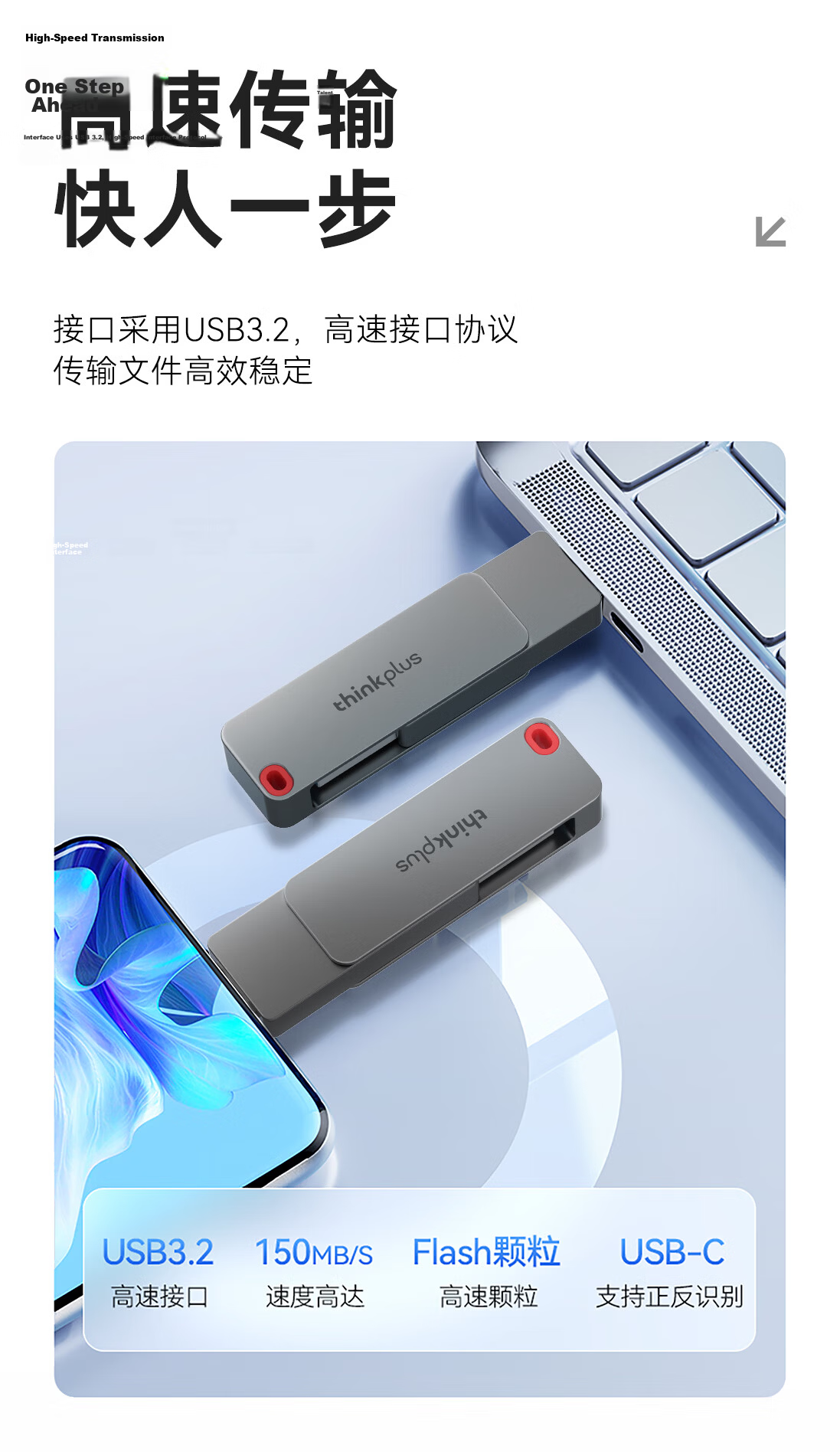 Thinkplus Lenovo 128GB Type-C USB 3.2 Dual Interface USB Flash Drive for Mobile and PC, Large Capacity Office Business USB Drive TPU301 Series 4