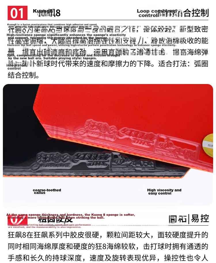 DHS Hurricane 8 Table Tennis Rubber, Black, 39°C, 2.2mm, Inverted Paddle Rubber 10