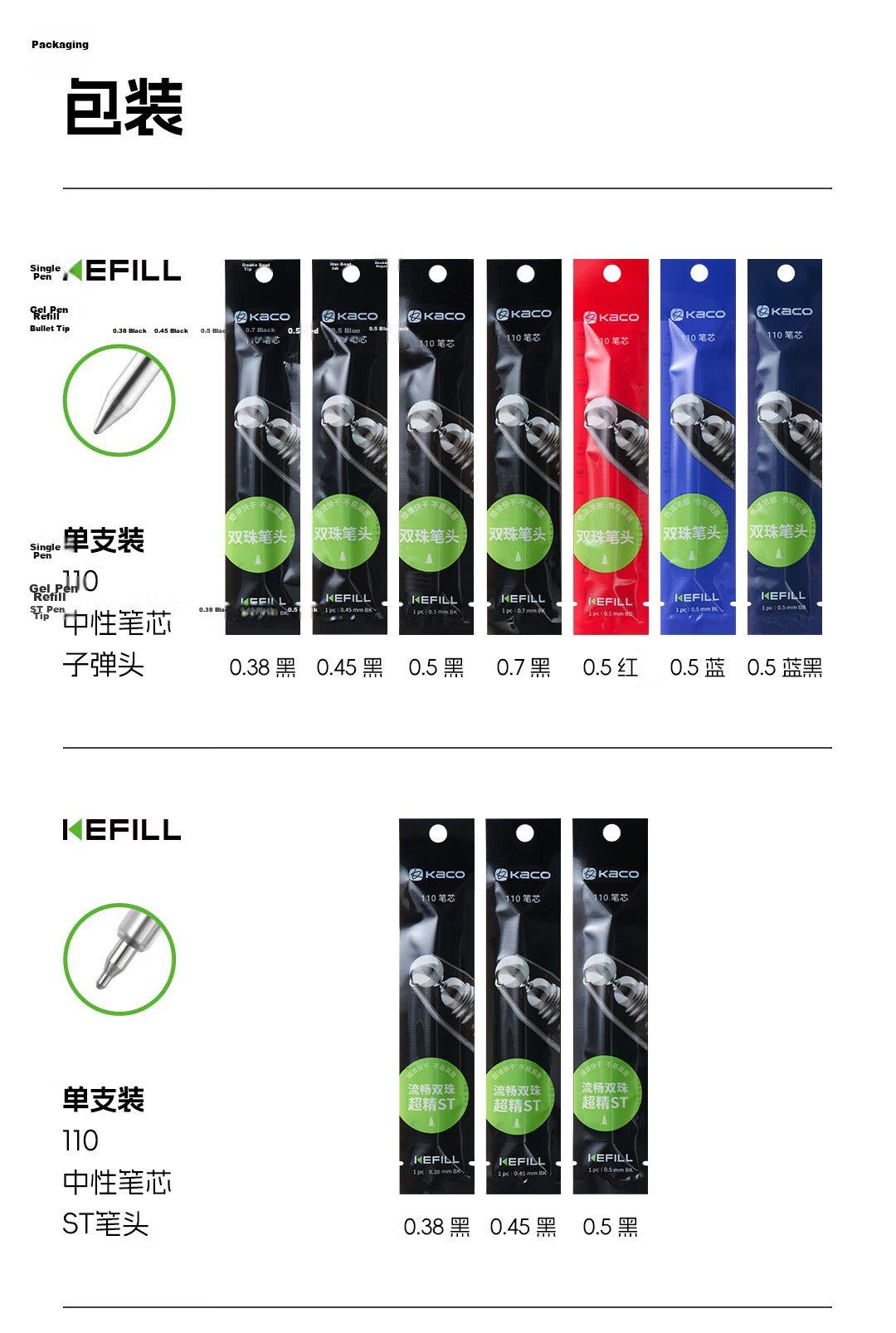 KACO Large Capacity Neutral Pen Refills, 0.5mm, Blue-Black (Bullet Tip), 5 Pieces in OPP Bag 16