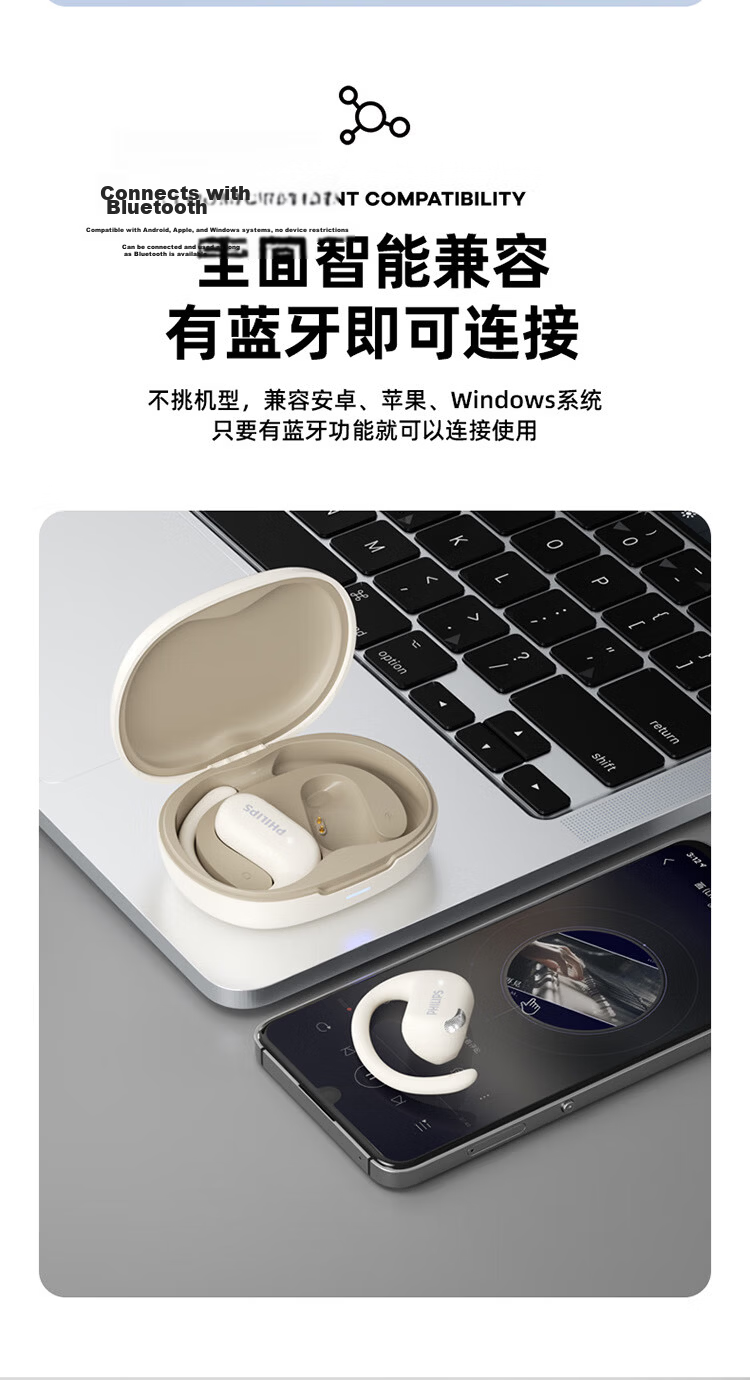PHILIPS New Bluetooth Earphones Ear-Hook Sports Wireless Bluetooth Earphones Long Battery Life Open Noise-Cancelling Bone Conduction Earphones for Apple Huawei TAT2739 Black 15
