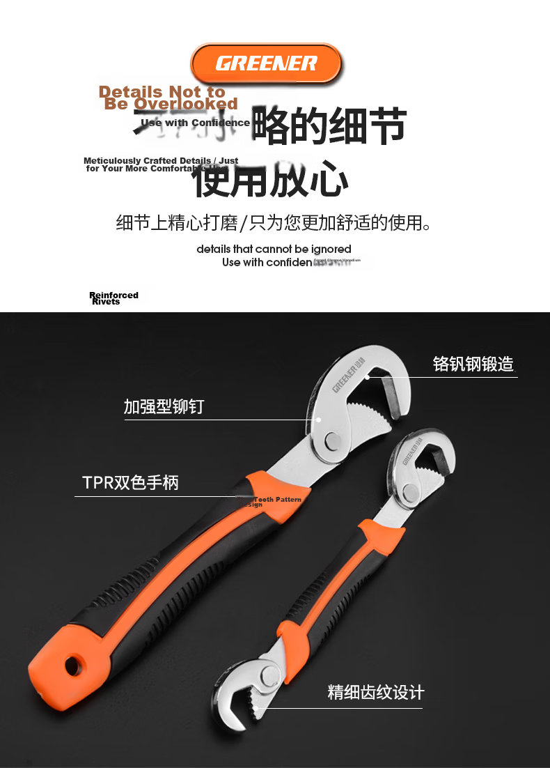 GREENER Wrench Set Household 2-Piece Pipe Pliers Universal Adjustable Wrench Multifunctional Open-End Plumbing Tool 9