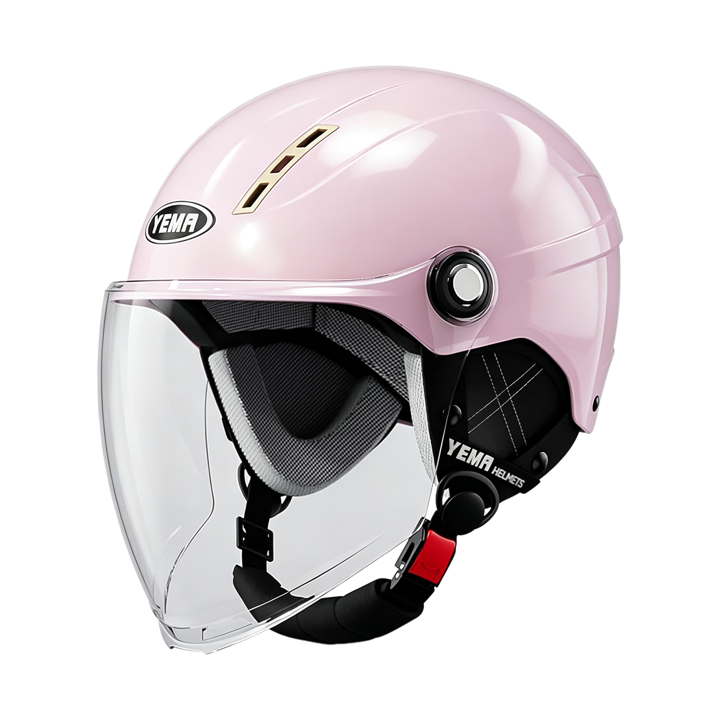 YEMA 3C Certified 359S Electric Motorcycle Helmet, Lightweight Summer Half Helmet for Men And Women, Scooter Safety Helmet, All-Season Use, Cherry Pink with Long Clear Visor