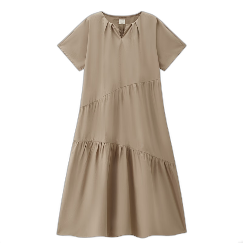 Giordano Women's Summer New Pure Cotton Pleated Ruffled Cake Dress V-Neck Short Sleeve Dress 05466077