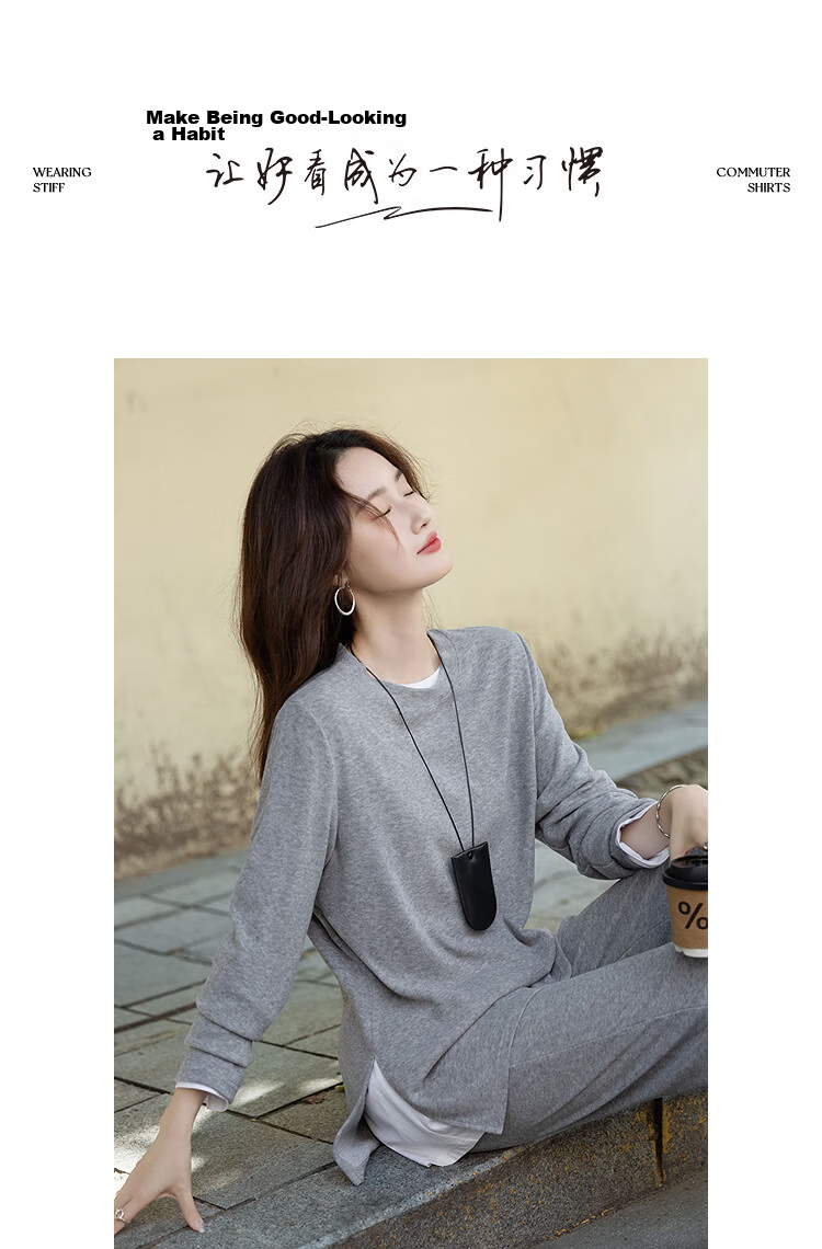 Dme Women's Two-Piece Set Autumn Elegant Round Neck Side Slit Top and Elastic Waist Long Pants for Petite 8