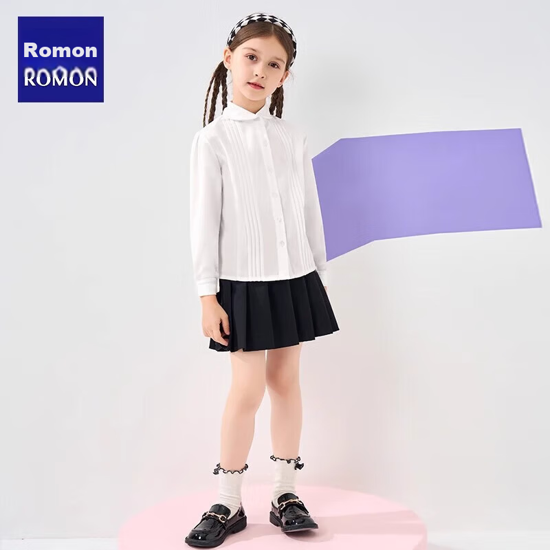 Romon Kids Girls Long Sleeve Shirt School Style Spring Autumn Fashion White Pleated Long Sleeve Shirt 110