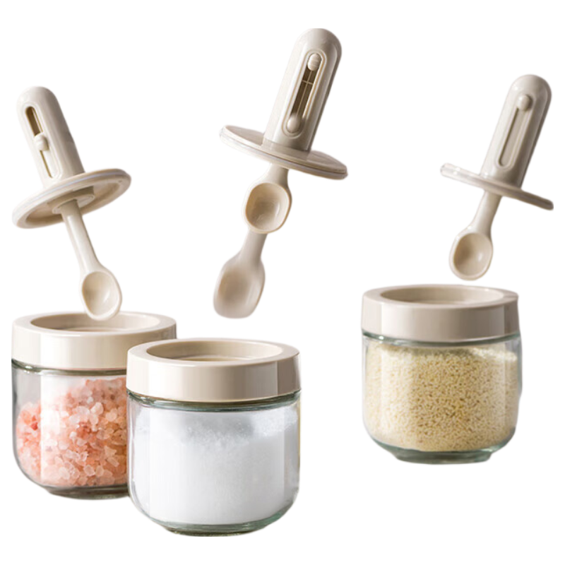 JD Original Seasoning Containers Set of 3: Glass Storage Boxes with Spoons And Lids for Kitchen Salt Shakers And Condiment Bottles