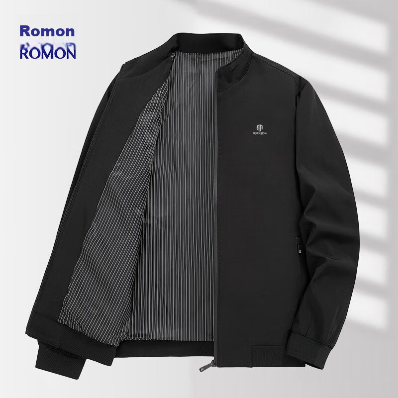 ROMON Men's Jacket Autumn Winter Solid Color Stand Collar Versatile Executive Business Casual Men's Wear II6 Black 4XL