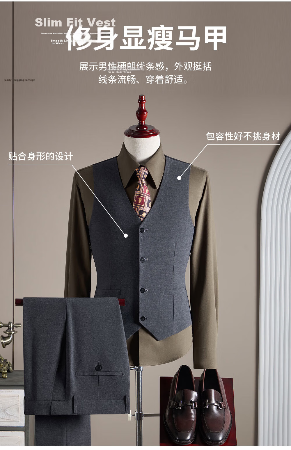 ROMON Men's Business Suit Set Blazer + Vest + Trousers Light Gray XL 6