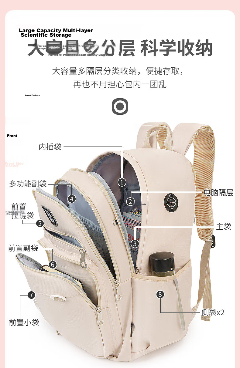 University of Cambridge Multilayer Lightweight School Backpack for Girls, High School Students, CA454 Khaki 4